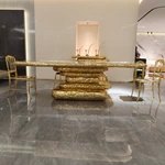 Layered Hammered Gold Dining Table with Dark Breccia Marble Top